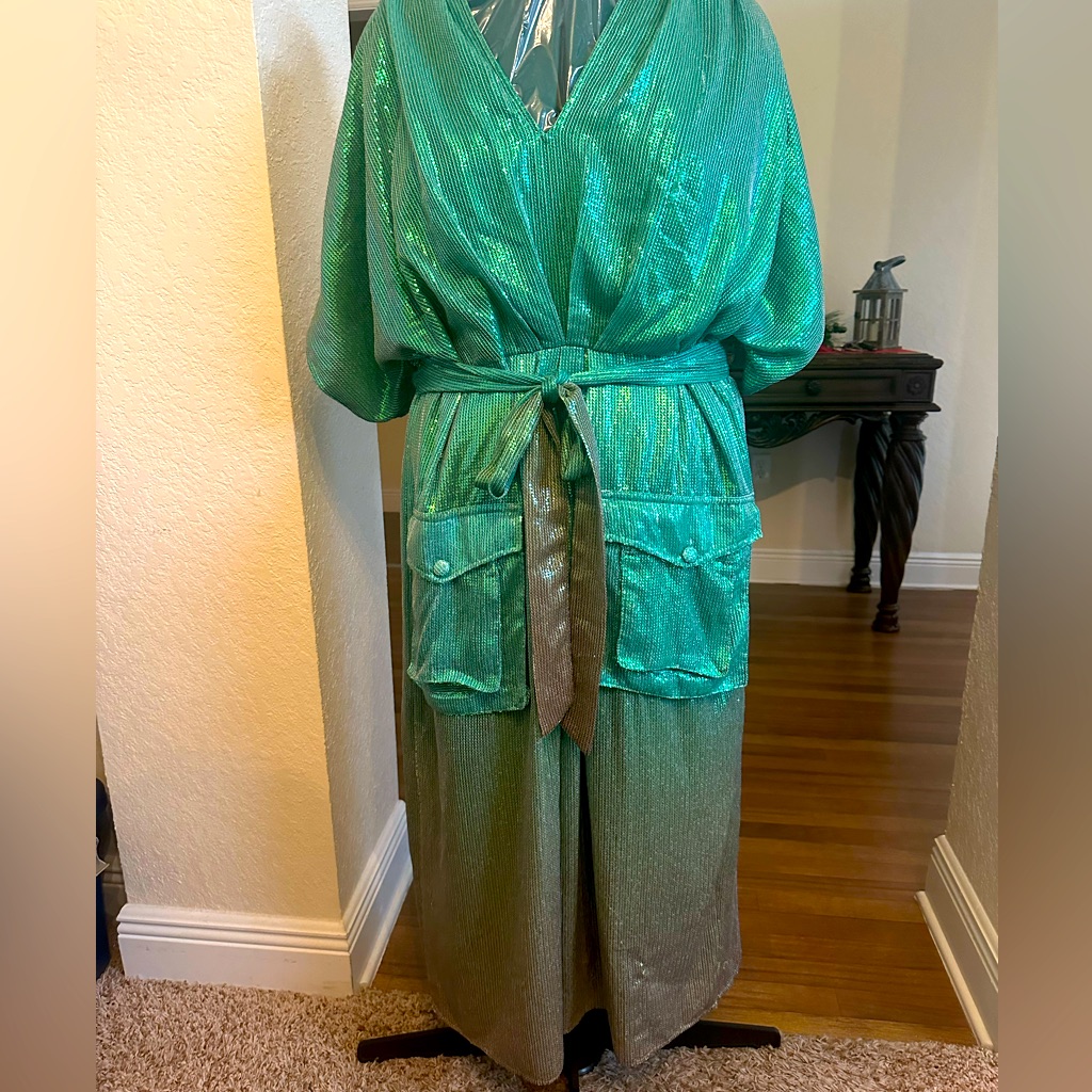 Green Metallic Midi Dress With Belt